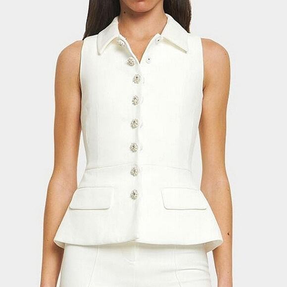 NWT$640 Self-Portrait White Buttoned Crepe Sleeveless Blazer Top Sz 4 - Picture 1 of 13